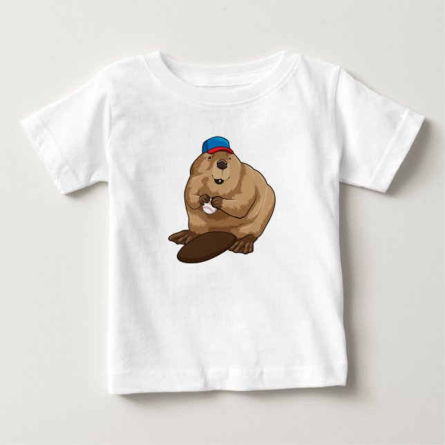 Biber im Baseball mit Baseballball Baby T-shirt (Vorderseite)