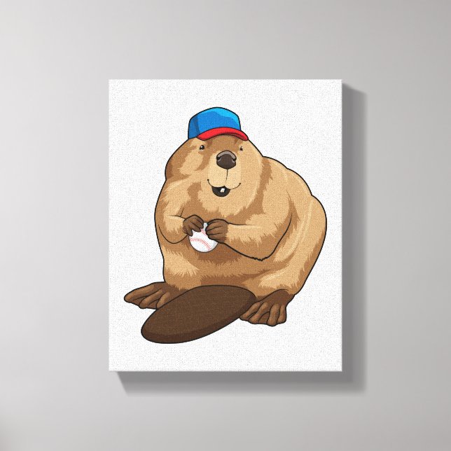 Biber im Baseball mit Baseballball Leinwanddruck (Vorderseite)