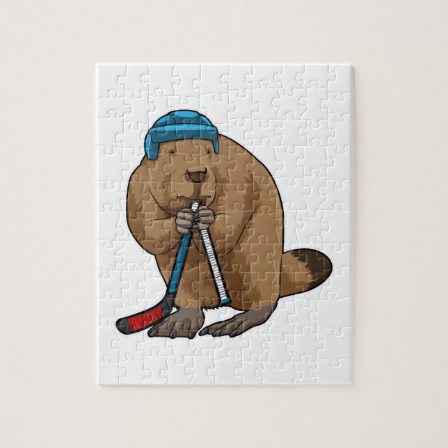 Biber im Eishockey mit Eishockeyschläger (Vertikal)