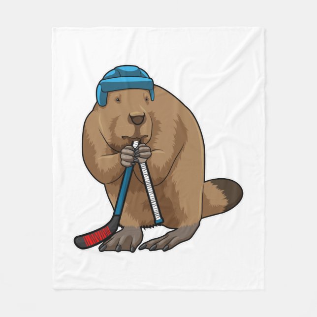 Biber im Eishockey mit Eishockeyschläger Fleecedecke (Vorderseite)