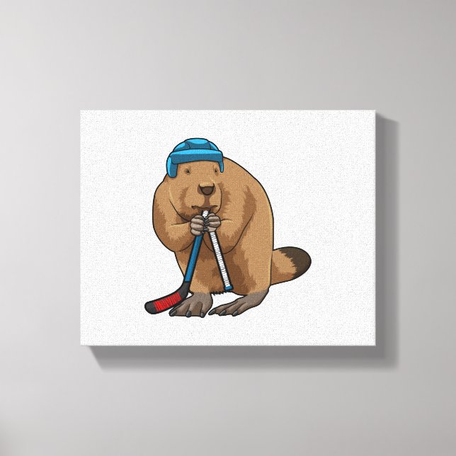 Biber im Eishockey mit Eishockeyschläger Leinwanddruck (Vorderseite)