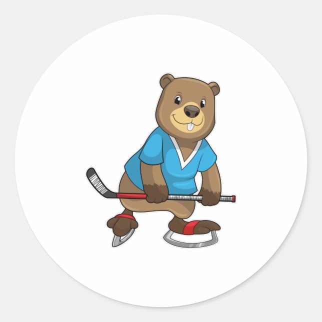 Biber im Eishockey mit Eishockeyschläger Runder Aufkleber (Vorderseite)