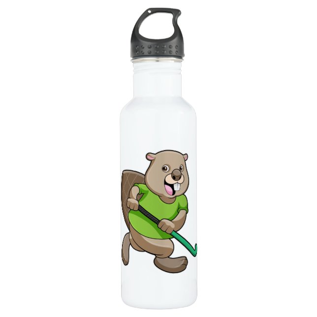 Biber im Hockey mit Hockey Edelstahlflasche (Vorderseite)