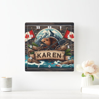 Biber, Logs, Flaggen und Berge Quadratische Wanduhr