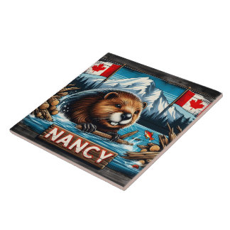 Biber mit Keule von kanadischen Fahnen Fliese