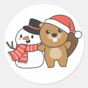 Biber mit Schneemann im Winter zu Weihnachten Klas Runder Aufkleber