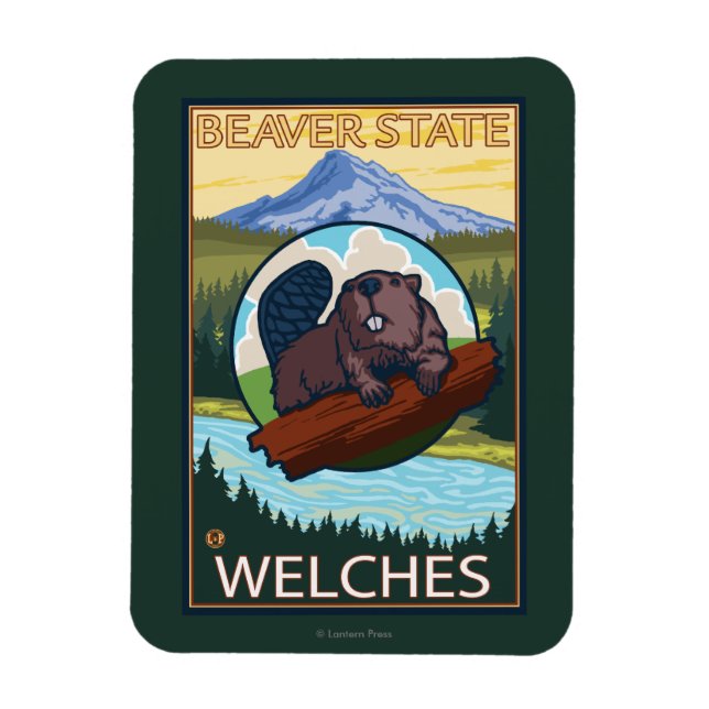 Biber & Mt. Hood - Welches, Oregon Magnet (Vertikal)