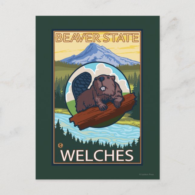 Biber & Mt. Hood - Welches, Oregon Postkarte (Vorderseite)