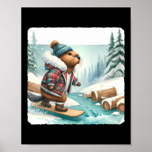 Biber Snowboarden auf dem verschneiten Flussufer. Poster