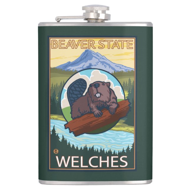 Biber u. Mt.-Haube - Welches, Oregon Flachmann (Vorderseite)