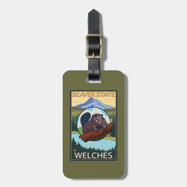Biber u. Mt.-Haube - Welches, Oregon Gepäckanhänger (Vorderseite vertikal)