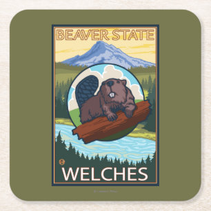 Biber u. Mt.-Haube - Welches, Oregon Rechteckiger Pappuntersetzer