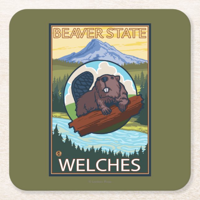 Biber u. Mt.-Haube - Welches, Oregon Rechteckiger Pappuntersetzer (Vorderseite)
