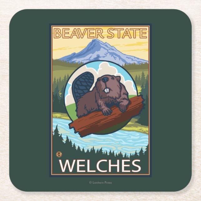 Biber u. Mt.-Haube - Welches, Oregon Rechteckiger Pappuntersetzer (Vorderseite)