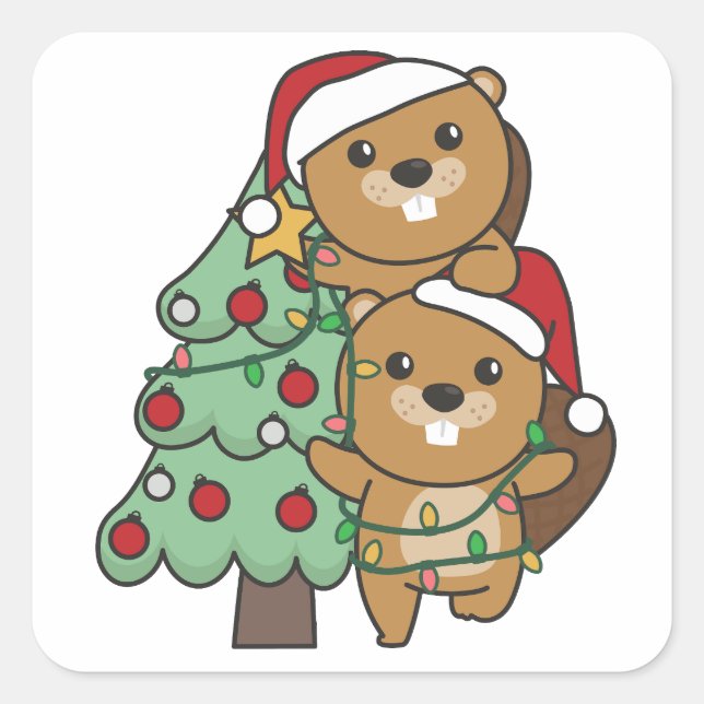 Biber Weihnachtsbaum Weihnachtstiere Tiere Biber Quadratischer Aufkleber (Vorderseite)
