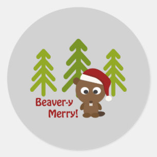 Biber-y Merry! Niedlicher Weihnachtsbär Runder Aufkleber