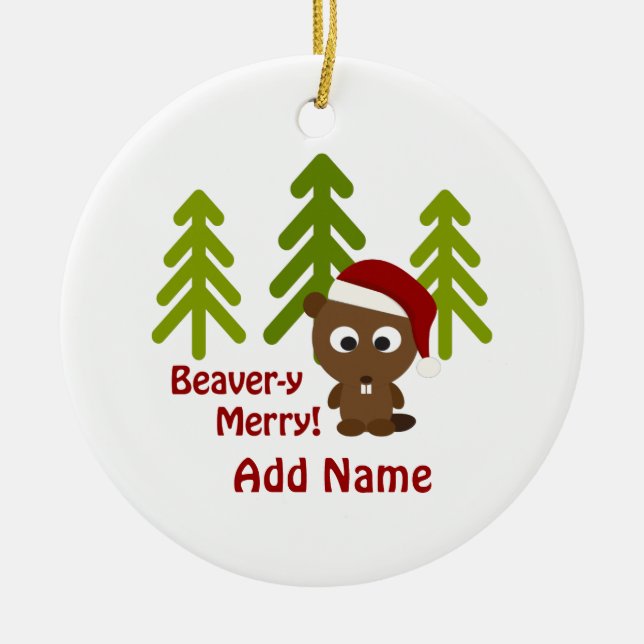Biber-y Merry! Weihnachtsbär Keramik Ornament (Vorne)