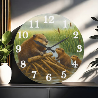 Biberfamilie im Feuchtgebiet-Hafen Große Wanduhr