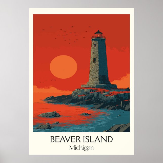 Biberinsel Michigan Vintages Leuchtturm Kunst, Dic Poster (Vorne)