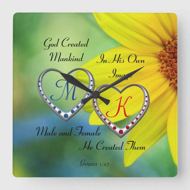 Bible Scripture Text with Double Heart Monograms T Quadratische Wanduhr (Vorderseite)