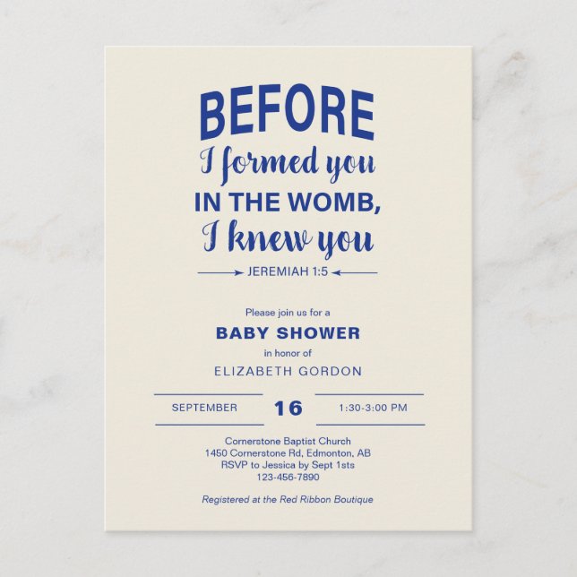 Bible Verse Baby Dusche, bevor ich Sie geboren Fra Postkarte (Vorderseite)