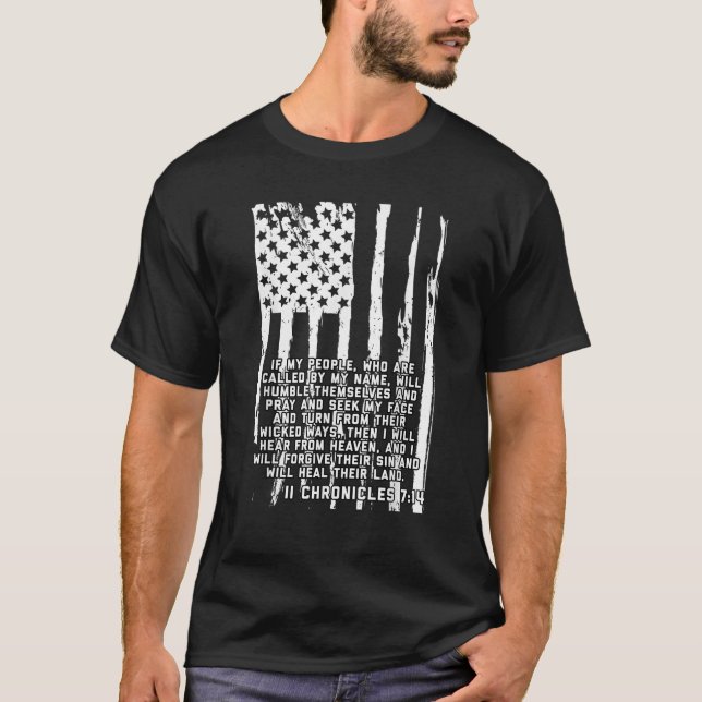 Bible Verse Cross Jesus 2 Chronicles 7 14 USA Flag T-Shirt (Vorderseite)