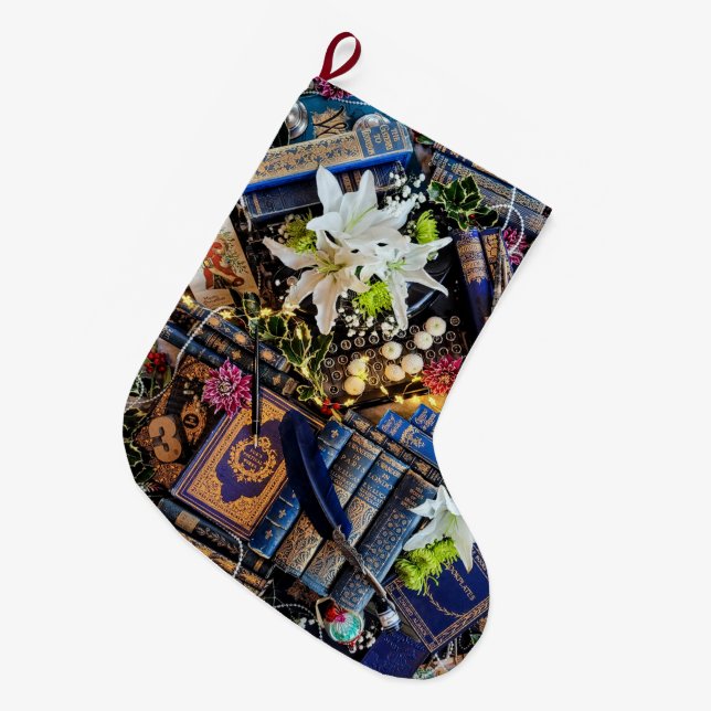 Bibliophile Poe Lilies Großer Weihnachtsstrumpf (Vorderansicht (hängend))