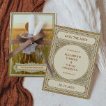 Bibliothek | Eleganter klassischer Vintager Rahmen Save The Date<br><div class="desc">Diese herrliche Hochzeit speichern die Dattelkarten mit einem neutralen Farbschema, mit einem verzierten antiken Rahmen. Beige, sehr hellgrün / blau und abgestufte goldene Farbtöne bilden das Vintage Design, das wie eine alte Buchplatte aussieht. Die Rückseite der Karte hat Platz für Ihr persönliches Foto. Die perfekte, elegante Wahl für jeden Bibliothekar,...</div>