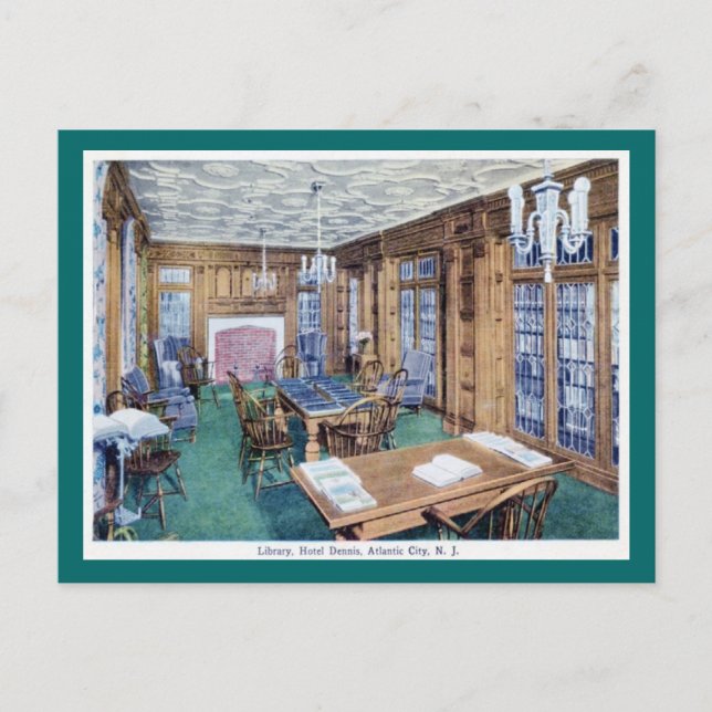 Bibliothek, Hotel Dennis, Atlantic City 1926 Vinta Postkarte (Vorderseite)