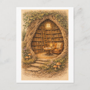 Bibliothek im Vintage-Stil in einem hohlen Baum Postkarte