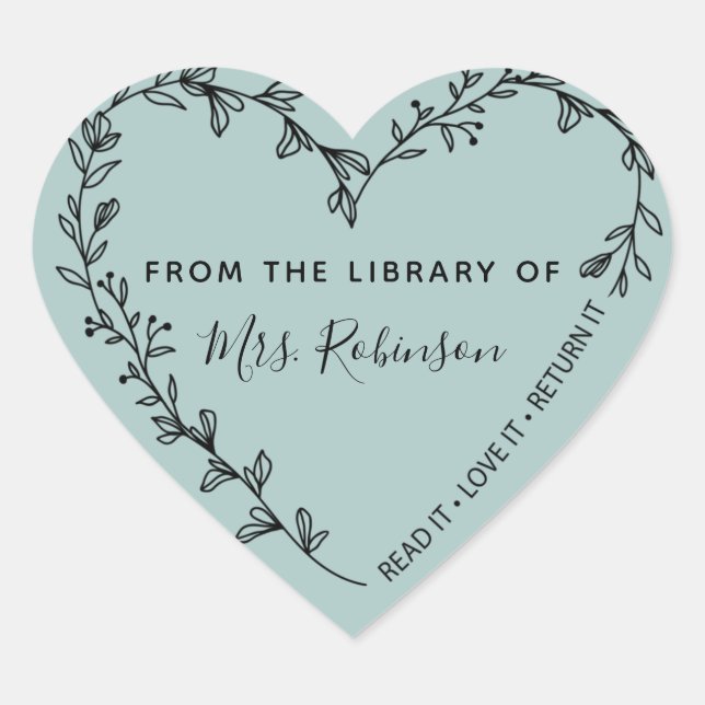 Bibliothek mit Blumentherzen Rustikale Aquamarin Herz-Aufkleber (Vorderseite)