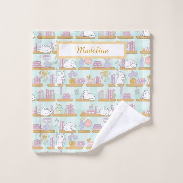 Bibliothèque personnalisée de chats Pastel Vert (Gant de toilette)