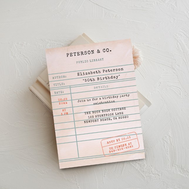 Bibliothèque vintage Carte Livre Amoureux Annivers (book lover birthday party invitation library card vintage pink bookworm literary librarian type)
