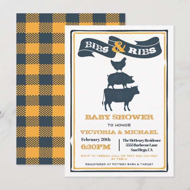 Bibs and Ribs Baby Dusche GRILLEN Einladung (Vorne/Hinten)
