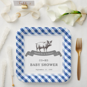 Bibs & Ribs BBQ Rustic Navy Gingham Babyparty Pappteller