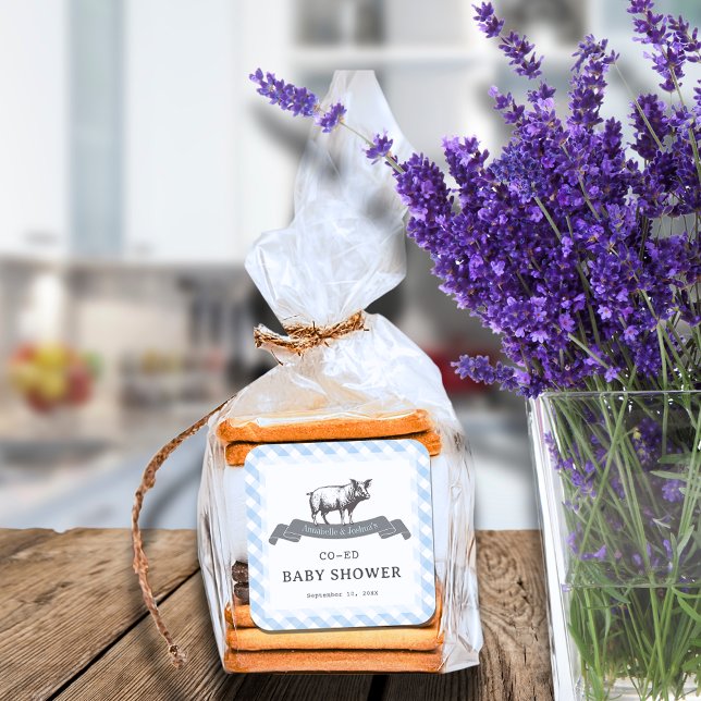 Bibs & Ribs GRILLEN Rustic Blue Gingham Baby Showe Quadratischer Aufkleber (Von Creator hochgeladen)