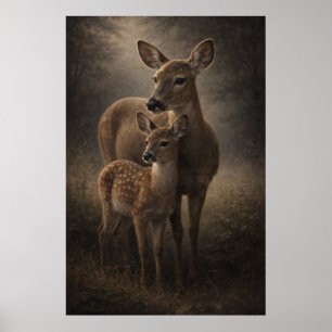 Biche et faon Art de la faune cervine Affiche