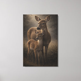 Biche et faon | Art faunique cerf | Toile tendue