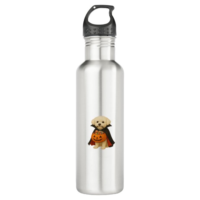 Bichon Fris� Halloween Vampire Pup with Pumpkin Ba Edelstahlflasche (Vorderseite)