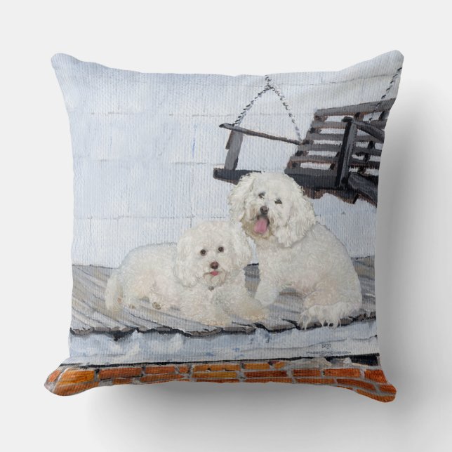 Bichon Frise auf der Veranda Kissen (Vorderseite)