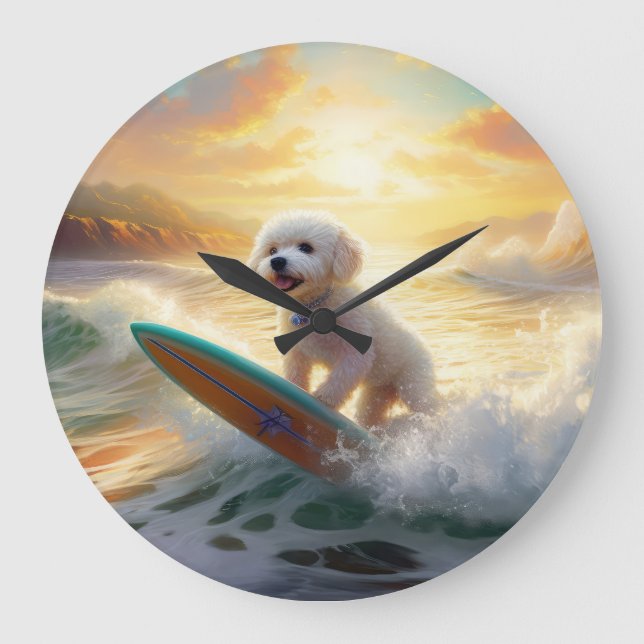 Bichon Frise Beach Surfmalerei Große Wanduhr (Vorderseite)