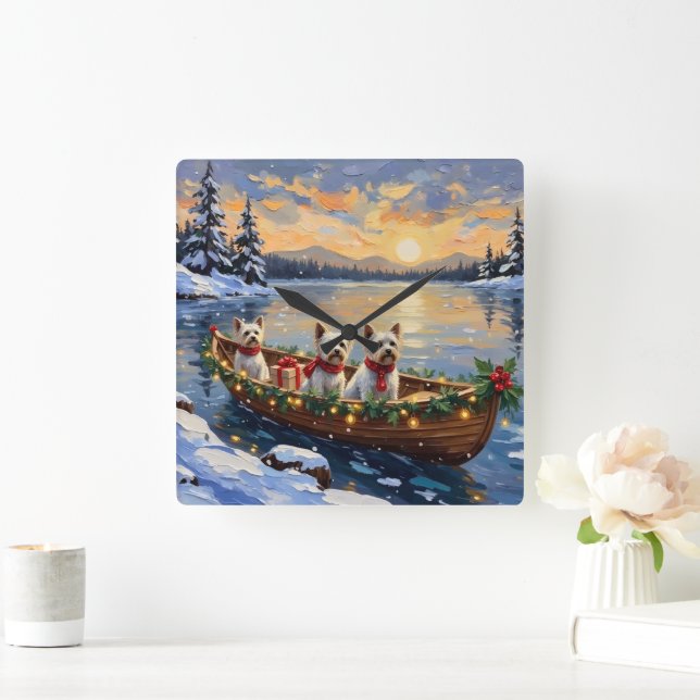 Bichon Frise Christmas Boat Holiday Quadratische Wanduhr (Zuhause)