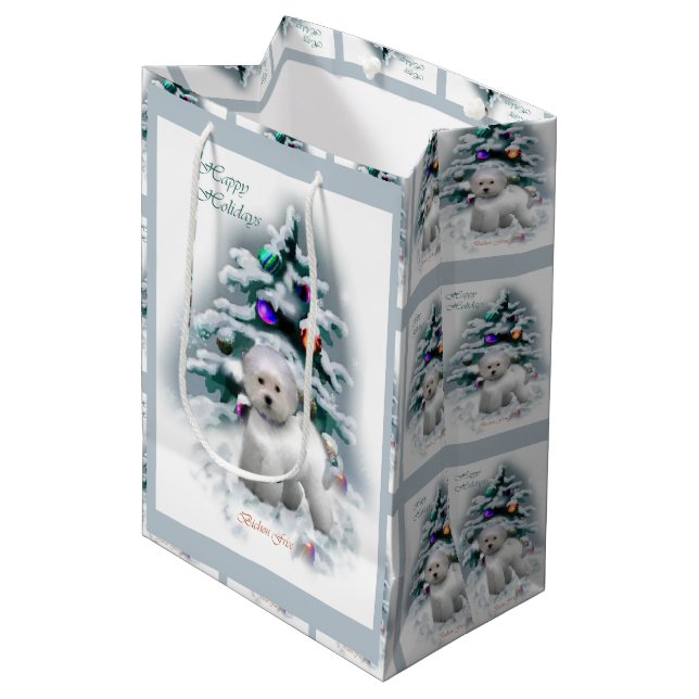 Bichon Frise Christmas Mittlere Geschenktüte (Vorderseite Schrägansicht)