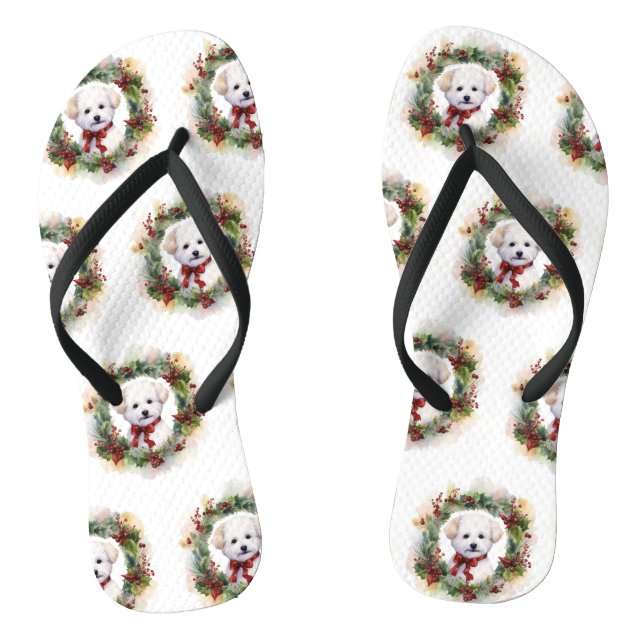 Bichon Frise Christmas Wreath Festivals Flip Flops (Fußbett)