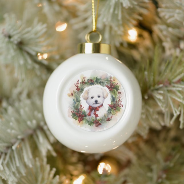 Bichon Frise Christmas Wreath Festivals Keramik Kugel-Ornament (Baum)