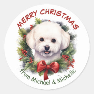 Bichon Frise Dog Christmas Red Bow Wreath Runder Aufkleber