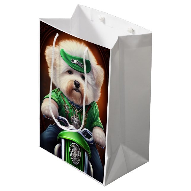 Bichon Frisé Dog Fahrrad St. Patrick's Day Mittlere Geschenktüte (Vorderseite Schrägansicht)