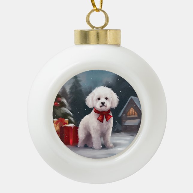 Bichon Frise Dog in Schnee Weihnachten Keramik Kugel-Ornament (Vorderseite)