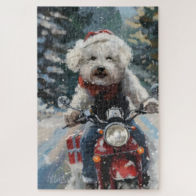 Bichon Frise Dog Riding Motorrad Weihnachten (Vertikal)