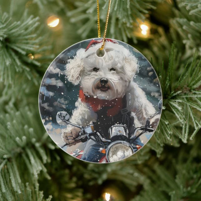 Bichon Frise Dog Riding Motorrad Weihnachten Keramik Ornament (Baum)